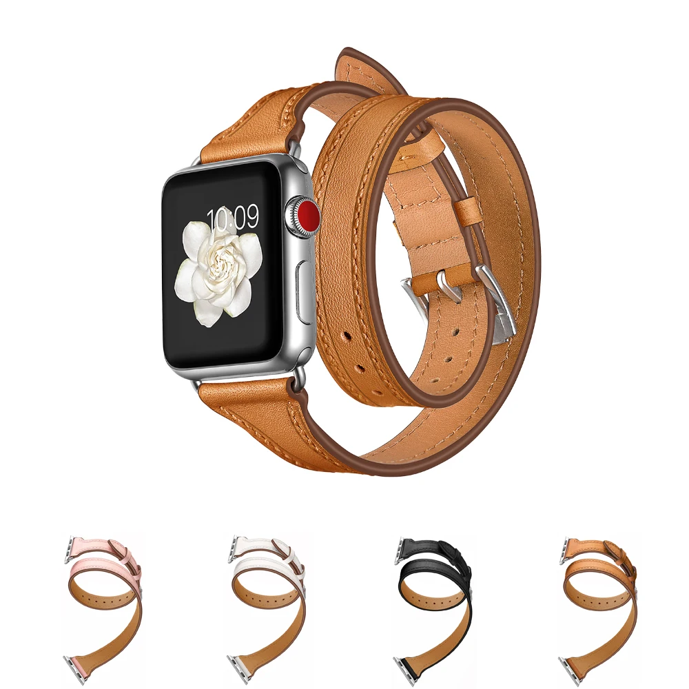 Double Tour For Apple watch band 40mm 44mm 45mm 41mm 42mm 38mm Genuine Leather watchband Bracelet iWatch serie 3 5 se 6 7 Strap