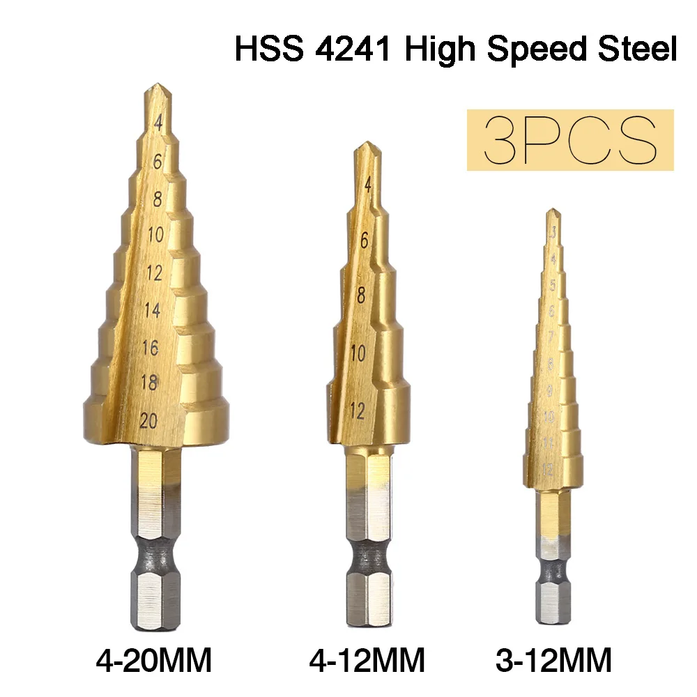 3 bocados de broca titanium de aço da etapa de hss dos pces 3-12mm 4-12mm 4-20mm ferramentas de corte do cone da etapa do woodworking de aço conjunto de perfuração do metal da madeira