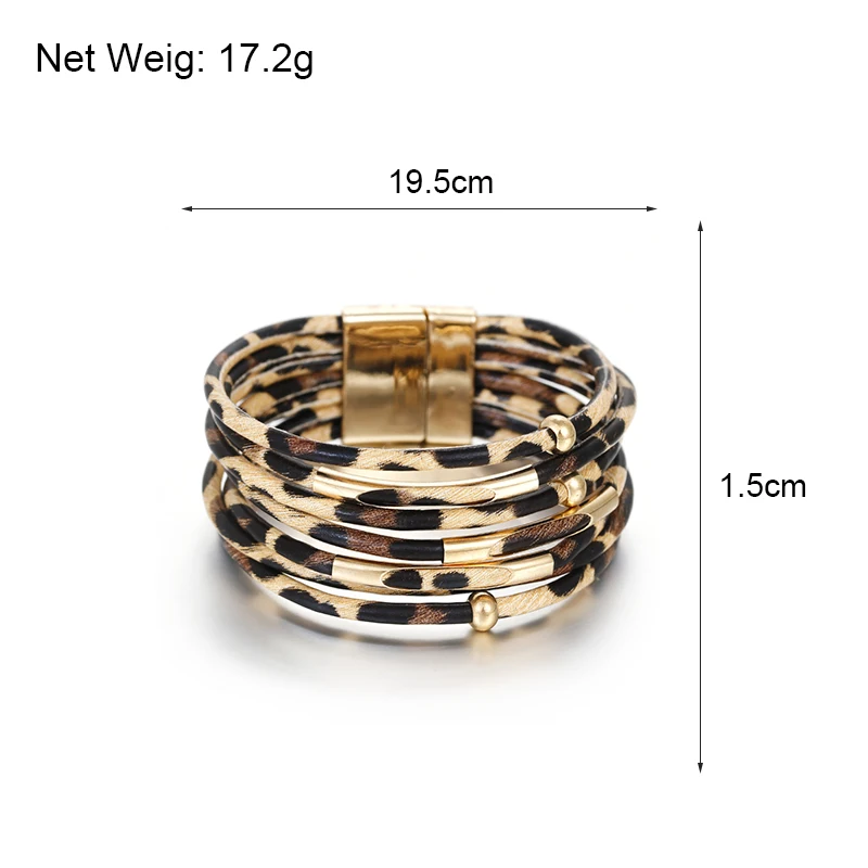 ALLYES Vintage Metal Tube Leopard Leather Bracelet for Women Men Boho Multilayer Wrap Wide Bracelets & Bangles Charm Jewelry