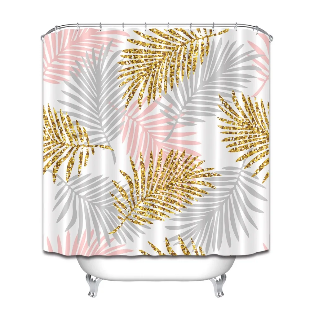 Tropical Monstera Leaves And Gold Glitter White Shower Curtain With Mat Set Bathroom Waterproof Fabric For Art Bathtub Decor