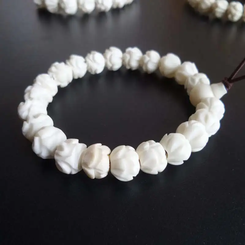 BB-224 Tibet White Yak Bone Hand Carved Padma Lotus Beaded Bracelet Stretch 8/10/12/14mm