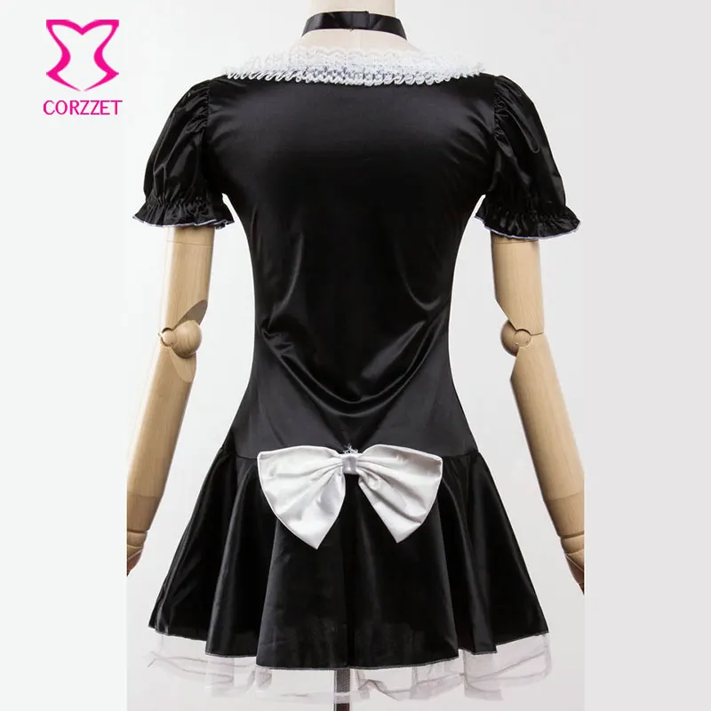 Zwarte Lolita Satijn Franse Maid uniform Jurk kawaii sexy cosplay kostuum anime Fantasia Carnaval Halloween Kostuums voor Vrouwen