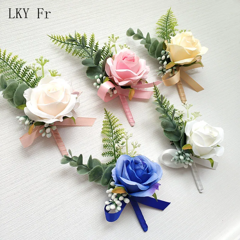 LKY Fr Bruiloft Corsages Bloemen Armband Bruidsmeisjes Pols Corsage Armband Boutonniere Pin Huwelijk Bruiloft Getuige Accessoires