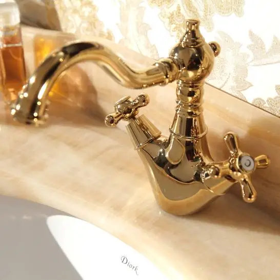 Free shipping Gold clour double handles New bathroom sink mixer faucet Mixer taP deck mounted