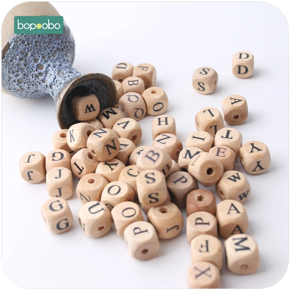 Bopoobo New Wooden Maple Square Shape Beads 12mm 20pc Chew Food Grade Teether Letter Beads DIY Crafts Sensory Chewing Toy