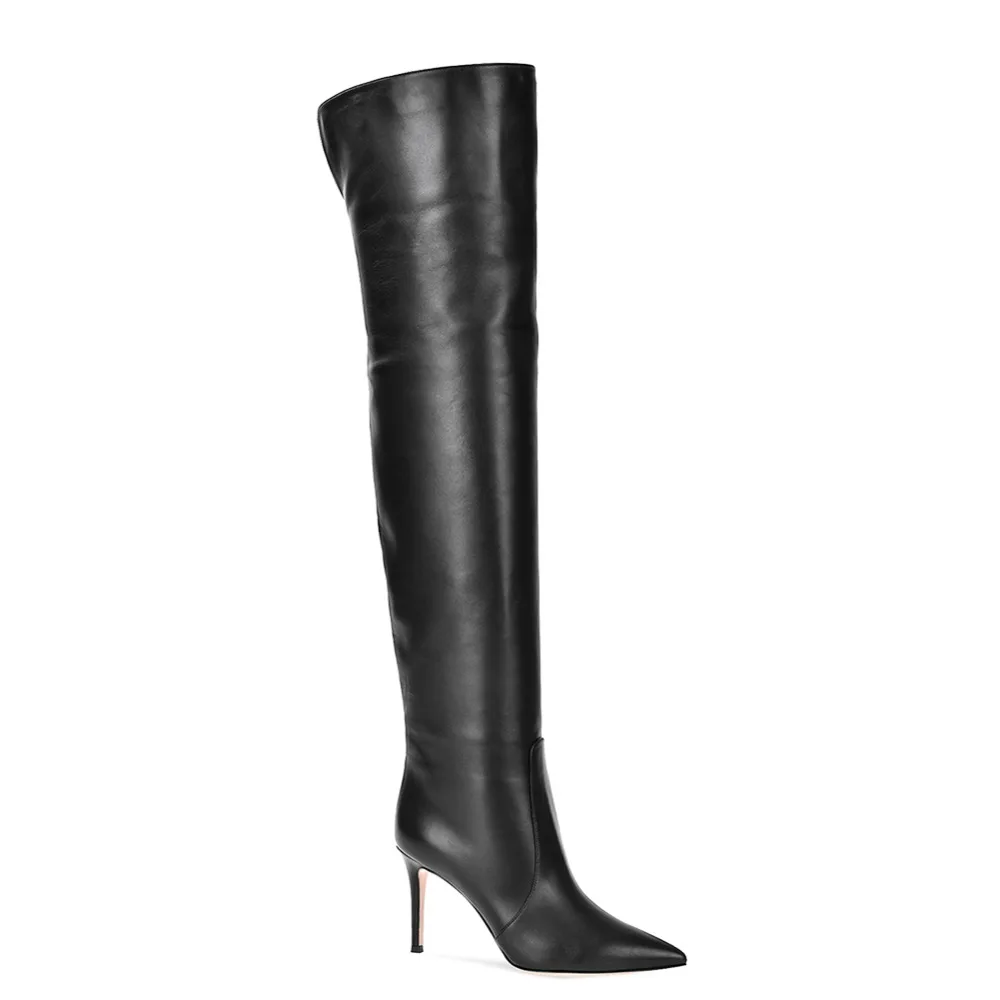 Women Pointy Toe High Heel Over The Knee High Boots Black Tube Shaft Tall Boots Ladies Winter Shoes Slip on Long Botas Plus Size