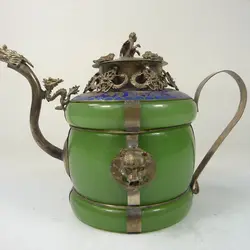 Collectible old china handwork superb jade teapot armored dragon lion monkey lid decoration metal handicraft