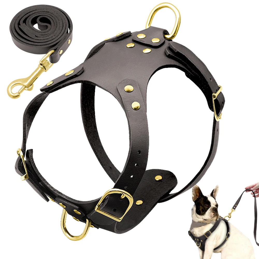 Pit Bull Dog Harness Leash Set No Pull Genuine Leather Dogs Harnesses Step in Pet Harness Vest Lead for Small Medium Dog Pitbull