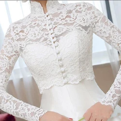 Novo 3/4 Mangas Bridal Lace Apliques High Neck Jacket Wraps Branco Marfim Manga Longa Botões Acessórios Casacos de Casamento Personalizados