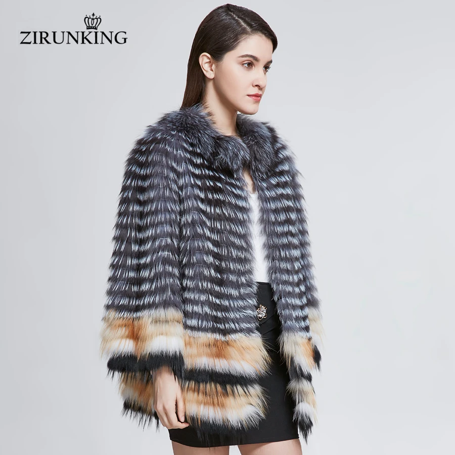 ZIRUNKING Lady Real Fox Fur Coat For Women Natural Fur Jacket Knitted Stripe Clothes Hot Sale Female Fashion Outerwear ZC1830