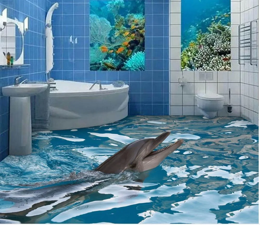 

3d floor wallpapers Waterproof floor self-adhesive ocean dolphin 3D room wallpaper floor Home Decoration