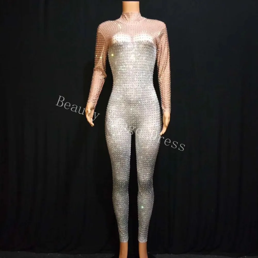 Silver Color Diamond Long Sleeve Jumpsuit Sexy stretch evening birthday dress Singer Hosting Master of Ceremony DJ Stage Costume