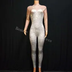 Combinaison stretch à manches longues avec diamant argenté, robe de soirée sexy, costume de scène DJ, accueil de chanteur, maître de cérémonie, pièce d'anniversaire