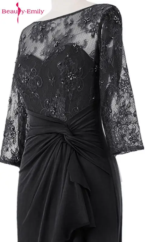 Beauty Emily Black Lace Mother of the Bride Dresses 2019 A Line Full Sleeve O-Neck Zipper Formal Wedding Party Mom Prom Dresses