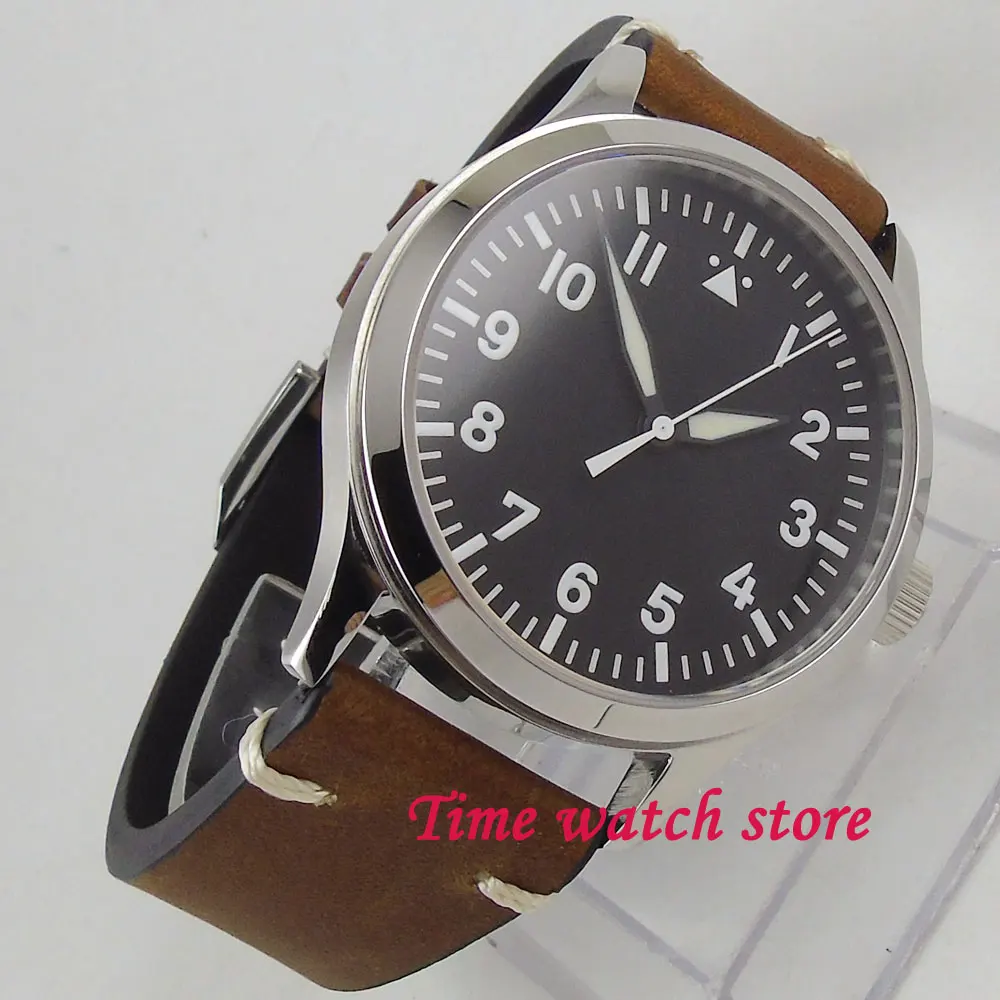 42mm Automatic Men\'s Watch  Miyota 8215 NH35 Sapphire Glass Black Dial Leather Strap Polished Case Green Luminous