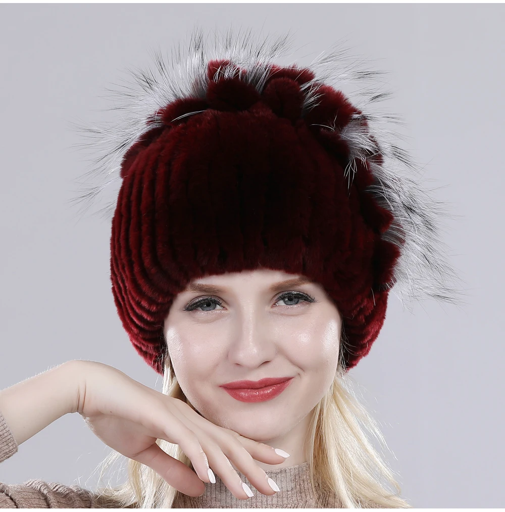 Neue Russische Damen Echt Rex-Kaninchenfell Mützen Luxuriöse Gestrickte Blumen Echte Rex-Kaninchenfell Kappe Winter Echt-Fell Beanie Mütze – Detail 29
