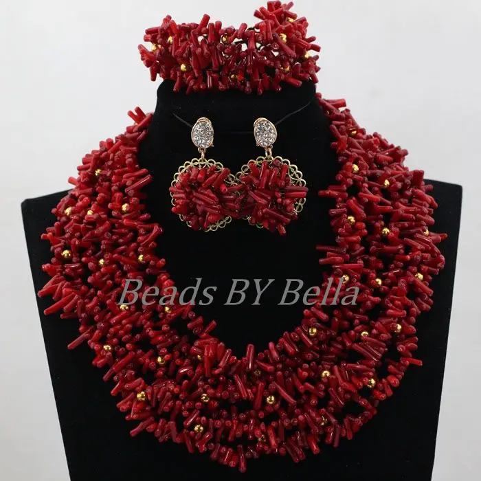 Gorgeous Red Coral Beads Jewelry Set Fashion African Wedding Nigerian Party Necklace Set Real Coral Beads  Free Shipping ABL251