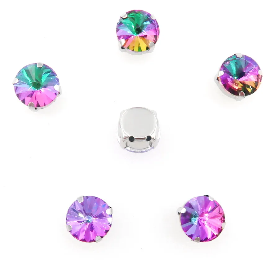 Rivoli runde silberne Krallenfassungen mit Glaskristallen in Regenbogenfarben, 8 mm, 10 mm, zum Aufnähen von Strasskristallen, Applikationen für Kleidung, DIY – Detail 6