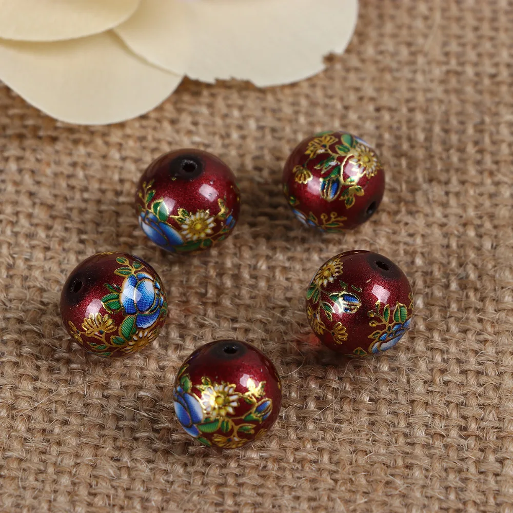 DoreenBeads Glass Painting Vintage Japanese Tensha Beads Round Rose Flower Pattern Imitation Pearl About 12mm( 4/8") Dia, 5 pcs