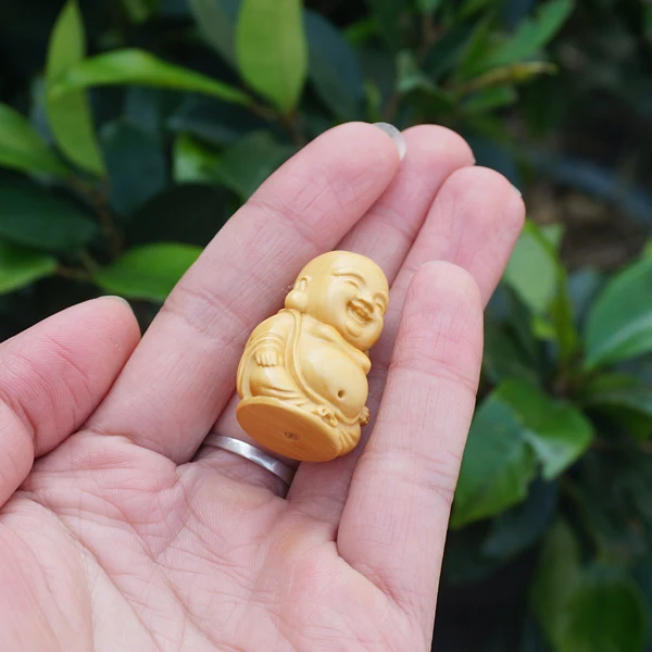 Natural Boxwood Beads Carved Smiel Boddha Yellow Pendant Tiny Charms Mala Japa Beads Bracelet Jewellry Findings DIY Accessories