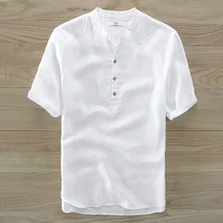 New pure linen short-sleeved shirt stand collar casual simple white shirt men brand vintage wooden buckle design camisa