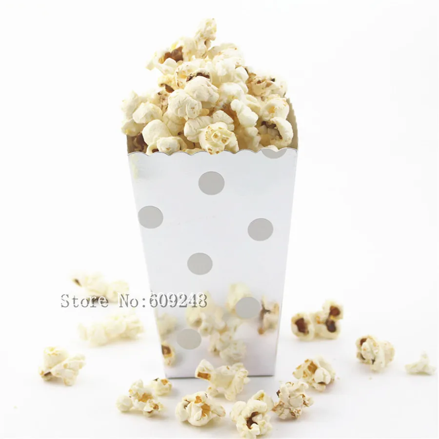 

24 Pcs Silver Foil Paper Popcorn Boxes,Metallic Polka Dot Party Favor Cup,Candy Snack Treat,Baby Shower,Wedding,Pop Corn Cartons