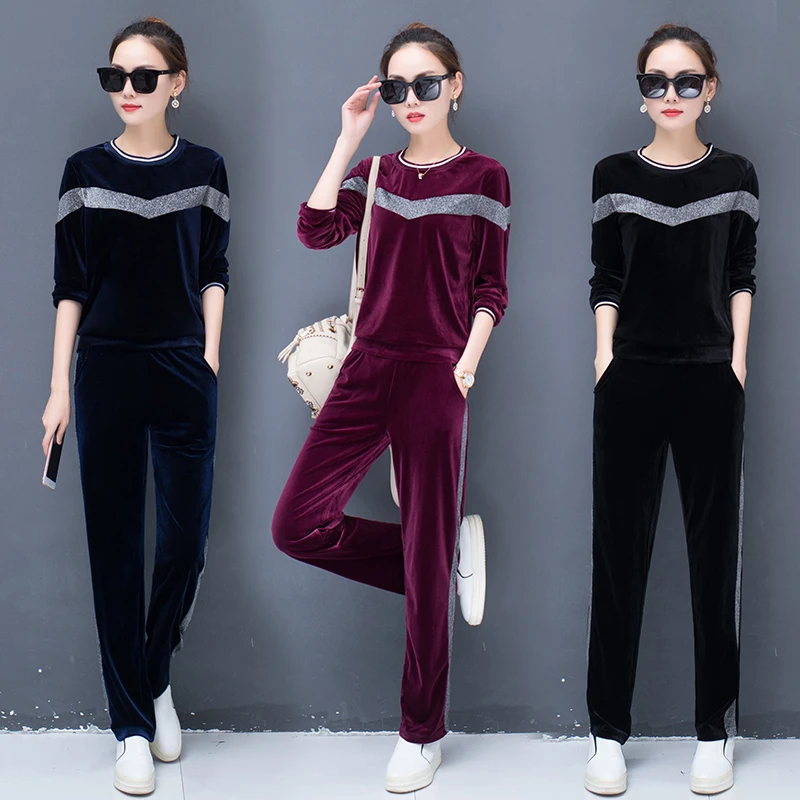 Gold velvet casual sports suit female 2020 spring and autumn new Korean fashion loose thin large size two-piece