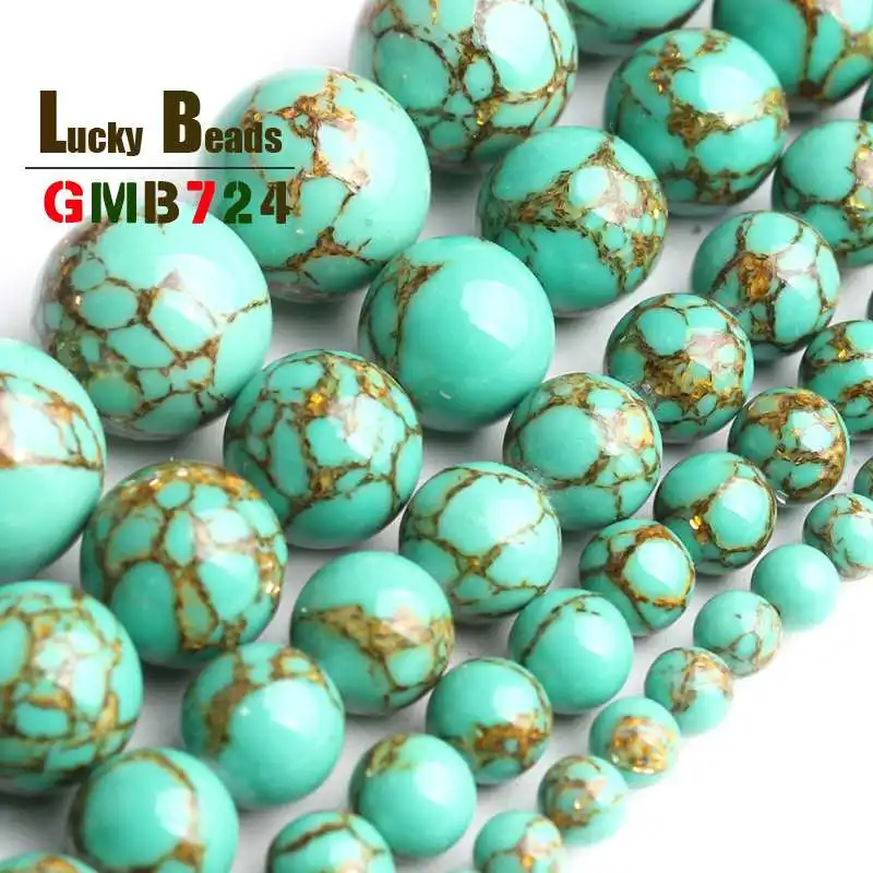 Round Green Gold Line Turquoises Stone Beads Loose Bead For Jewelry Making DIY Bracelet Necklace Jewelery 4/6/8/10/12mm 15inches