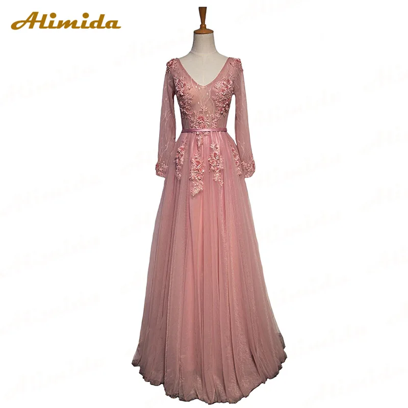 

ALIMIDA Full Sleeve Evening Dress 2020 V-Neck Appliques A-Line Sheer Prom Dresses Beaded Party Dress Floor Length robe de soiree