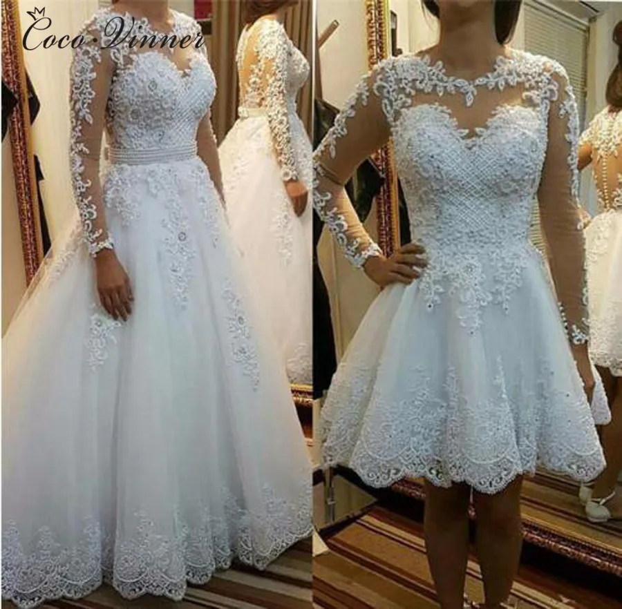 ที่กําหนดเองไข่มุกประดับด้วยลูกปัด 2 IN 1 ชุดแต่งงานสายกระโปรงที่ถอดออกได้แขนยาวภาพลวงตาชุดแต่งงานลูกไม้ W0278-B