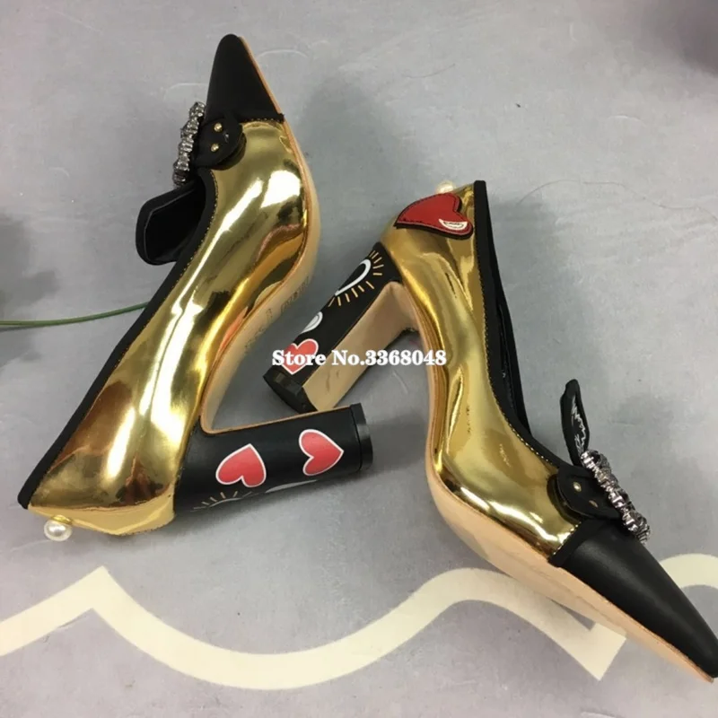 2019 New Gold Patent Leather Woman Pumps Crystal Buckle High Square Heels Normal Dress Shoes Mixed Colors Female Spring Shoes