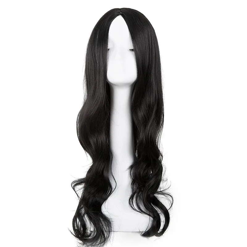 Hitam Wig Fei-Menunjukkan Sintetis Tahan Panas Panjang Curly Bagian Tengah Garis Rambut Kostum Cos-play Halloween Karnaval partai Sopak