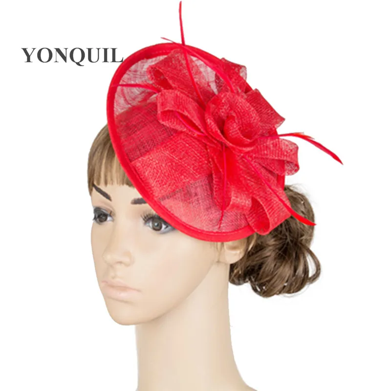 

Sinamay Base Fascinator Headwear Church Bridal Feather Accessories Millinery Red Cocktail Hat High Quality Multiple Color MYQ034