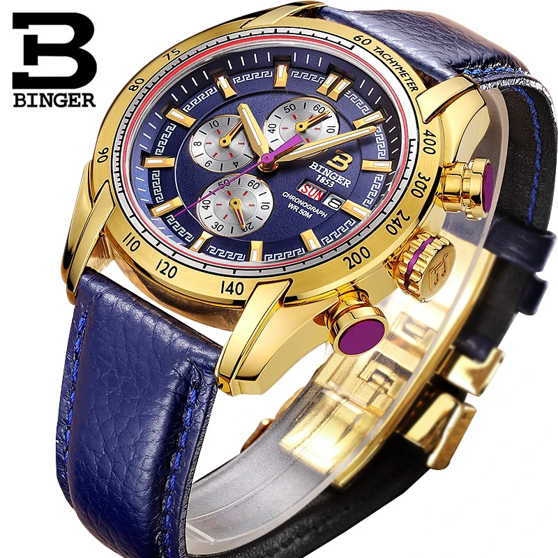 44mm Switzerland Chronograph Sports Watch Swim 2018 Waterproof Military Quartz Wristwatch BINGER Men Watches relogio masculino