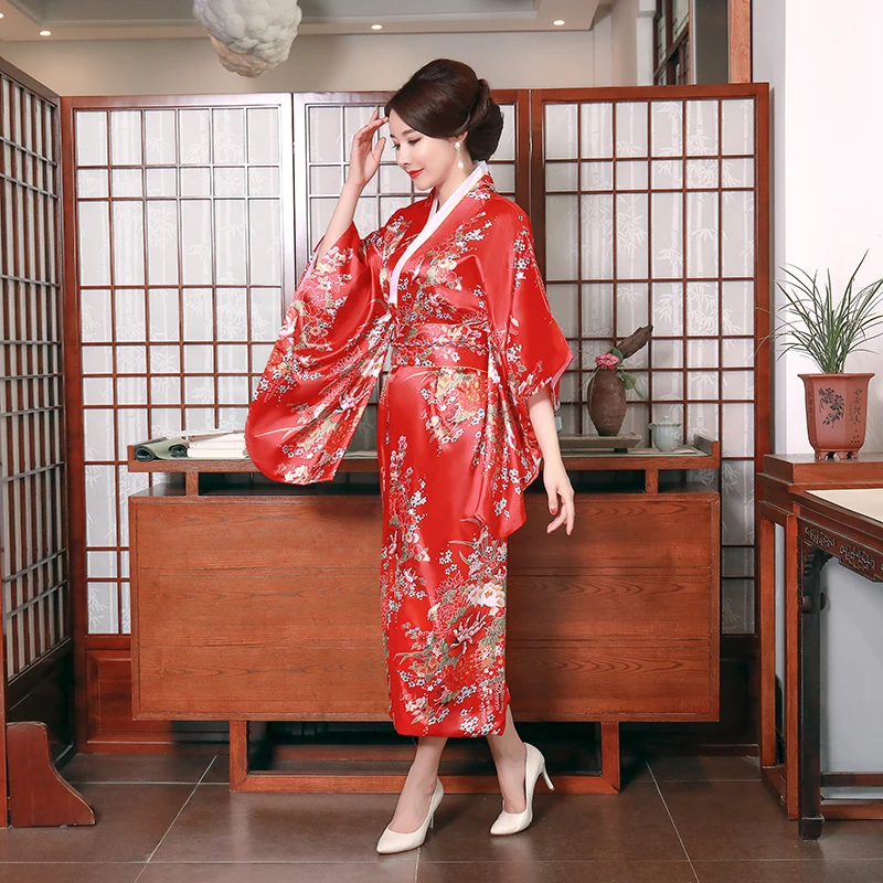 Female Print Flower Yukata With Obi Cosplay Costume Long Satin Stage Performance Clothing Japanese Style  Kimono Bathrobe Gown