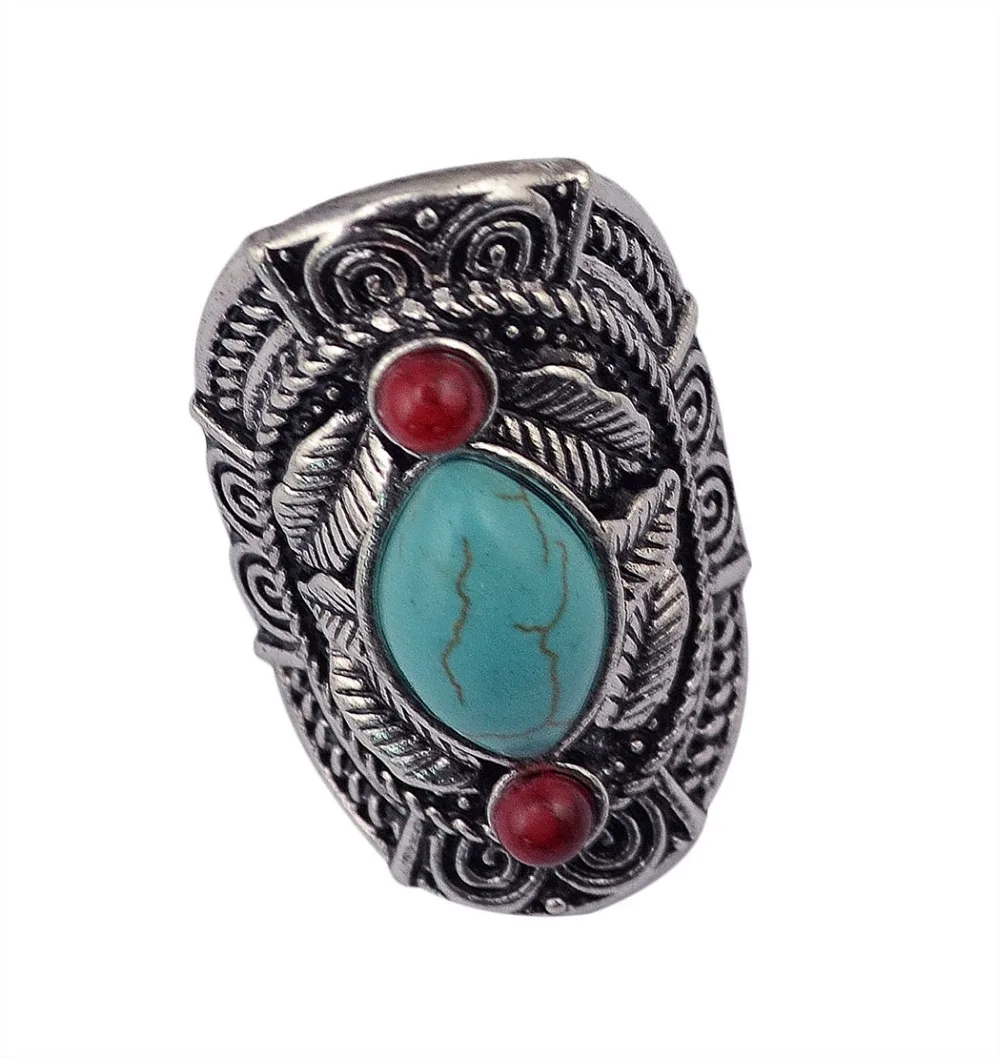 Boho Ethnic Tibet Turquoise Rings For Women Men Retro Silver Color Adjustable Carved Gypsy Tribal Pakistan Afghan Indian Jewelry
