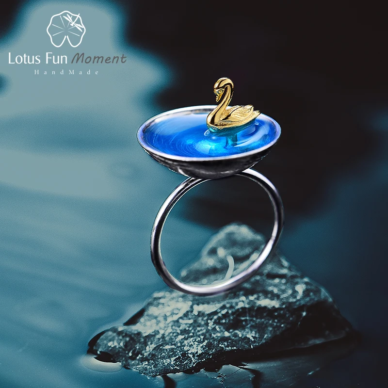 

Lotus Fun Moment Real 925 Sterling Silver Natural Creative Handmade Designer Fine Jewelry Poetic Swan In The Sea Rings for Women