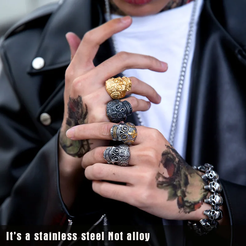 BEIER Stainless Steel Gothic Gold Color Carving kapala skull  Ring Biker Hiphop rock Jewelry Unique fashion Gift for men BR8-327