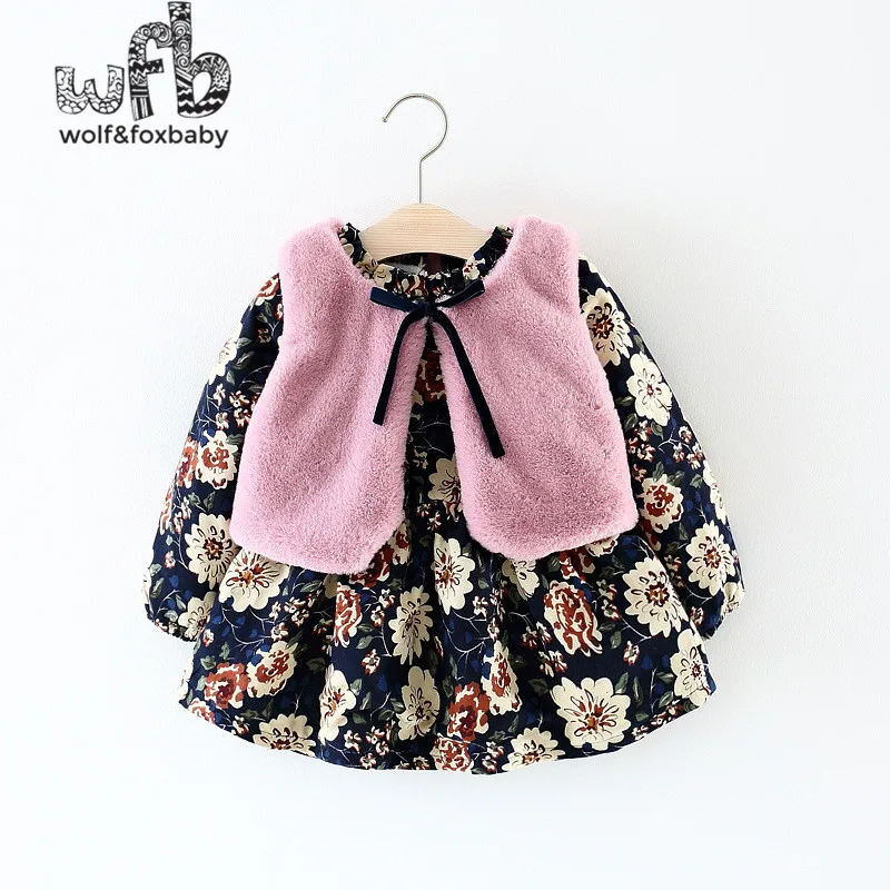 Retail 0-3 years children's girl long-sleeved plus velvet dress + plush vest girl spring autumn fall winter