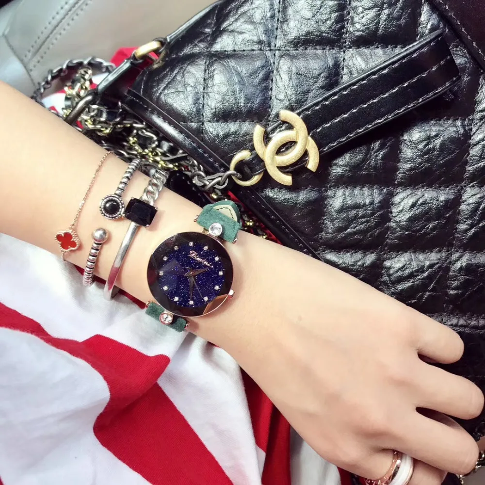 Fashion Korean Candy Colors Fur Leather Strap Students Watches Quartz Waterproof Crystals Wrist watch Multi Faceted Montre Femme