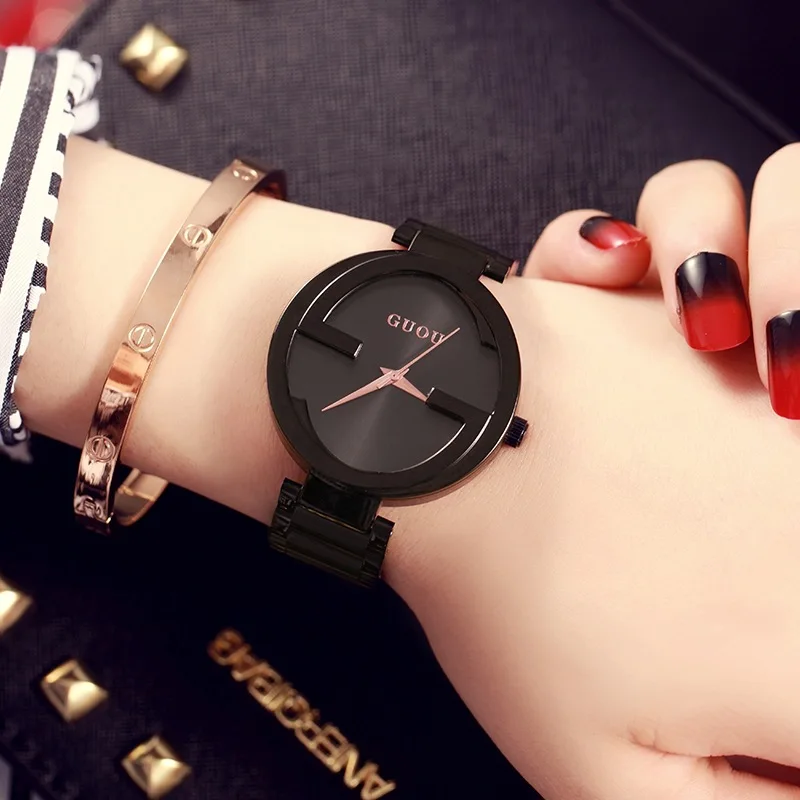 Fashion Guou Brand Unique Women Luxury Rose Gold Steel Quartz Casual Wrist Watch Relogio Feminino Lady Ladies Dress Hours Clock