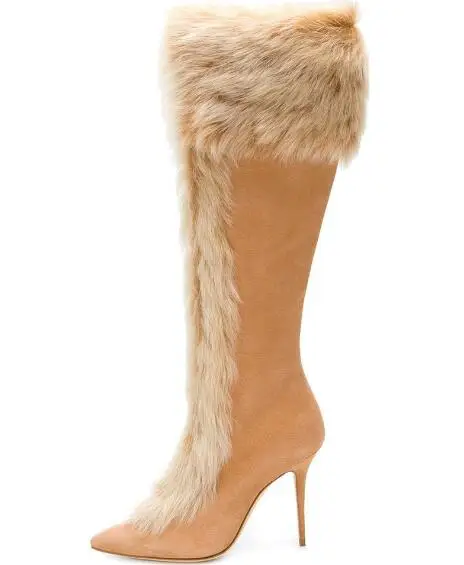 

Winter New Brand Women Beige Brown Rabbit Fur Pointed Toe Stiletto Heel Knee High Long Slim Zip Boots Plus Size Lady Boots Shoes