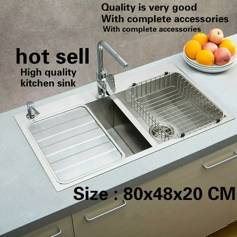 Free shipping Big luxury kitchen manual sink double groove durable 304 food-grade stainless steel standard hot sell  800x480 MM