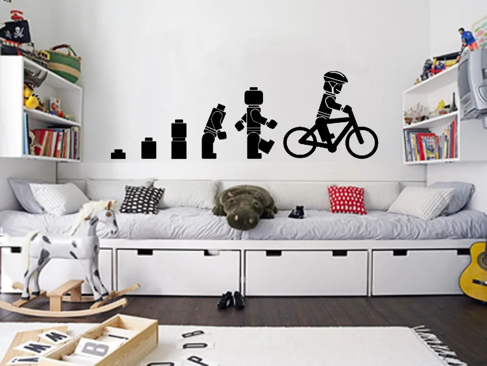 Evolution Of The Cycling Lego man Wall Art Sticker Childrens Vinyl Mural Nursery Home Decor Mural Wallpaper D350