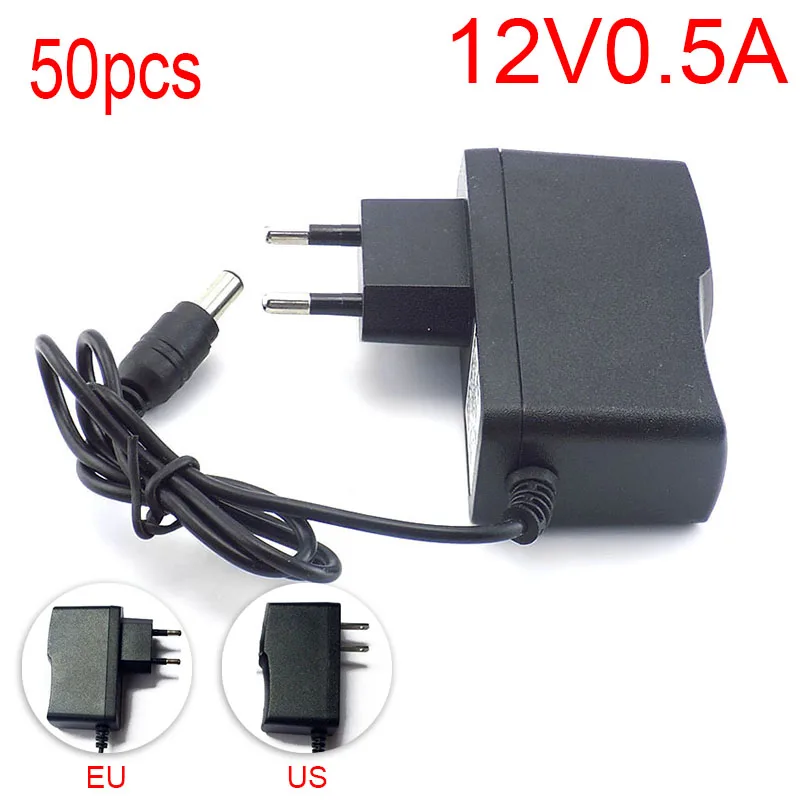 50pcs 100-240V AC to DC Power Adapter Supply Charger Charging adapter 12V 0.5A 500mA EU Plug 5.5mm x 2.1mm for LED Strip Light