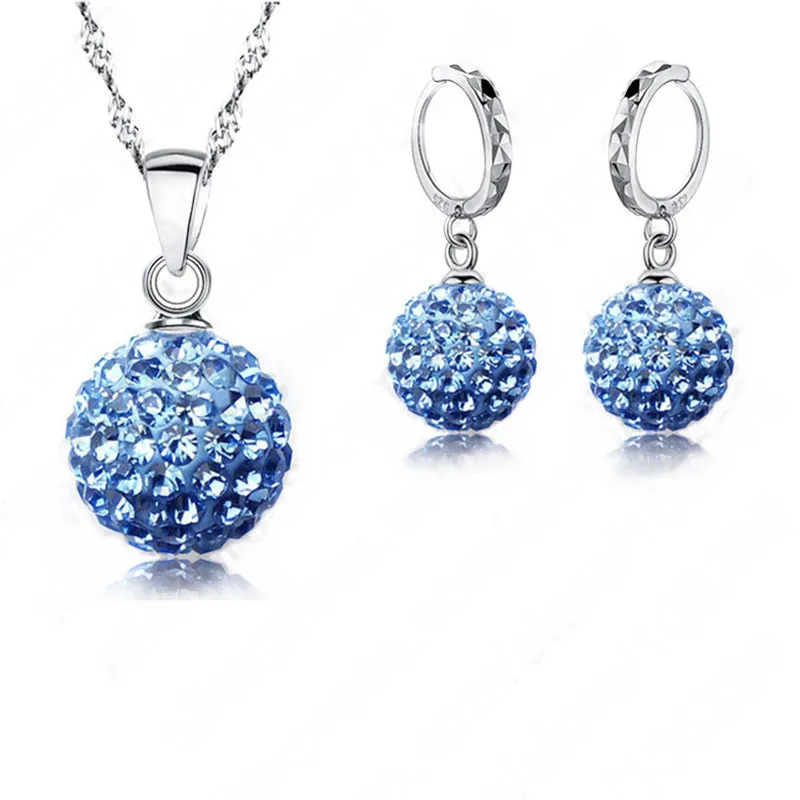 Popular 925 Sterling Silver Jewelry Sets Full Crystals Disc Round Ball Pendant Necklace Hoop Earrings For Women Female