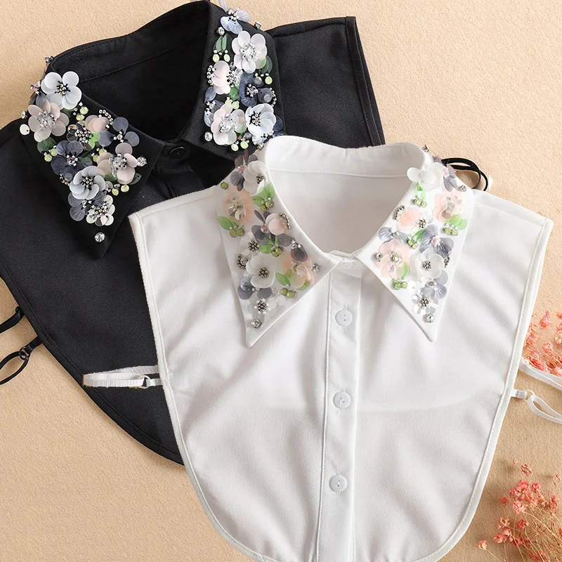 

Sequined Womans Detachable Collars White 2024 New Ladies Tie Black False Fake Collar Shirt Women Beading Removable Nep Kraagie