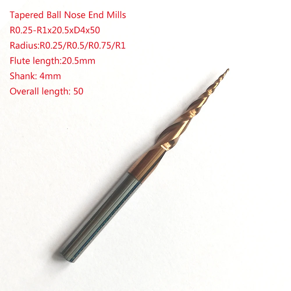 1pc R0.25/R0.5/R0.75/R1x20.5xD4x50 shank 4mm solid carbide  tapered endmills CNC engraving milling cutters