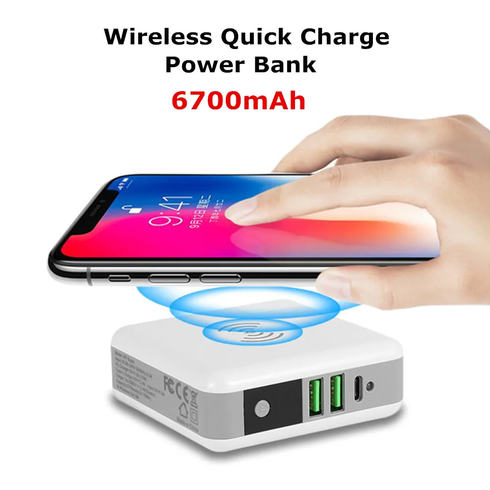 

Внешний аккумулятор, 6700 мАч, 2 USB-порта, Беспроводная зарядка для iPhone, Xiaomi