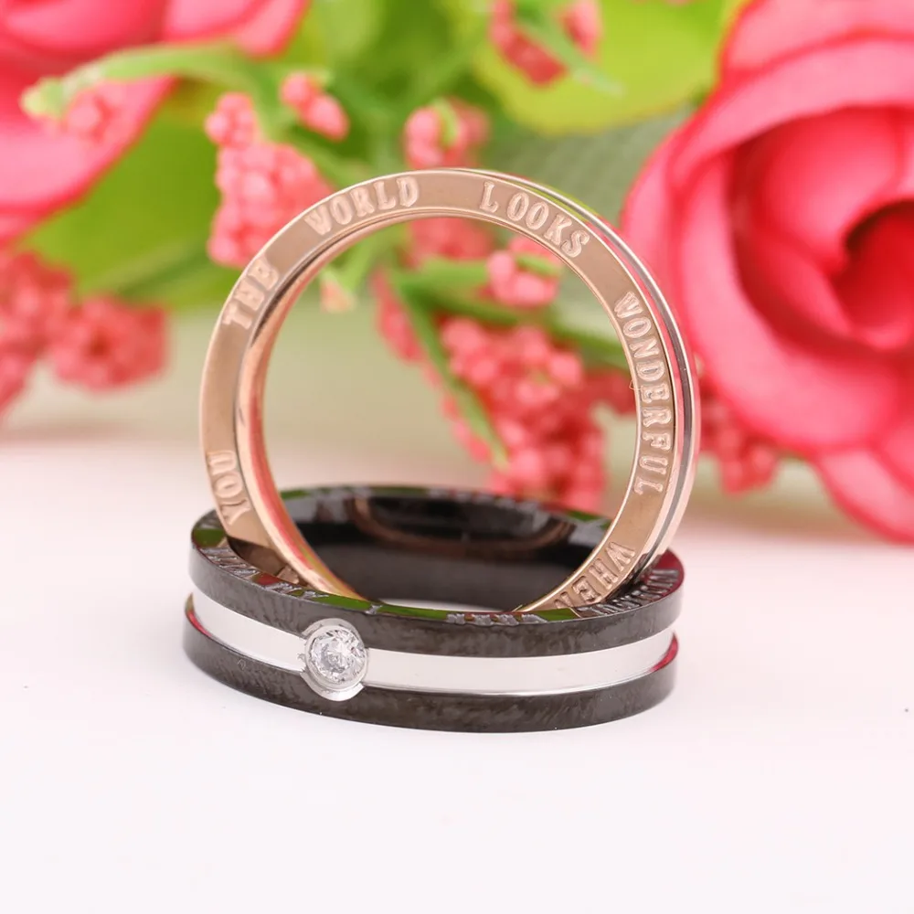 Gold /Black Color Stainless Steel Crystal Couple Ring And Write Romantic Words \